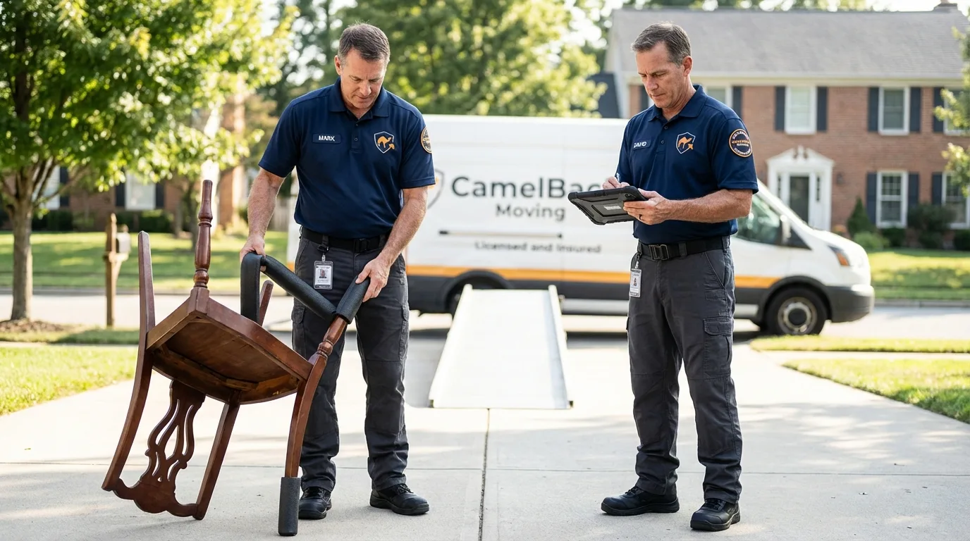 Movers inspecting furniture for damage prevention before loading in Siloam Springs, AR