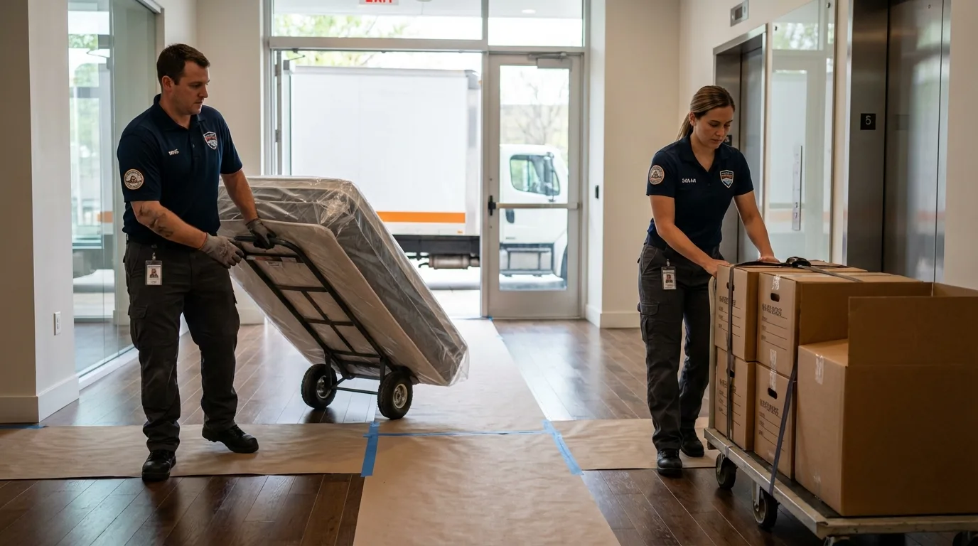Professional apartment movers loading elevator in Siloam Springs, AR
